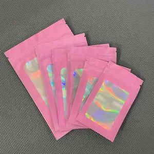 Sacos mylar personalizados, sacos reutilizáveis à prova de odor, bolsa de embalagem holográfica com janela transparente para armazenar alimentos