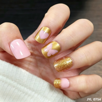 24 faux ongles à presser, motif cœur et papillon dégradé or rose, forme carrée moyenne, réutilisables, style jeune fille tendance