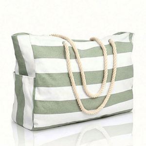 Customized Logo Reusable Portable Summer <b>Large</b> Capacity Waterproof Cotton Canvas <b>Beach</b> Tote <b>Bag</b> With Zipper - Product Image 2