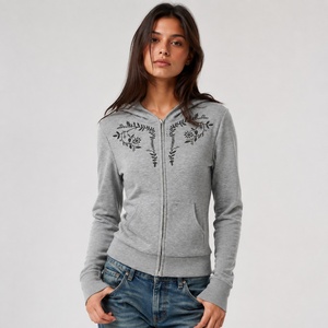 Women's Autumn Y2K Full <b>Zip</b> Knitted Hoodie with Front Logo Embroidered Floral Color Block Casual Streetwear - Product Image 6