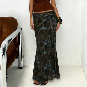 Falda Midi Ajustada con Panel de Malla con Estampado de Leopardo Vintage, Cintura Natural, para Mujer, Otoño - Product Image 3
