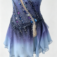 Robe de patinage artistique à manches longues dégradé bleu-violet, ornée de strass faits à la main, en maille, pour performance sur glace, pour femmes et filles