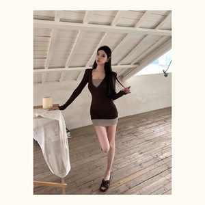 Two Piece Color Blocked V Neck Knit Dress Women Autumn Winter Tight Waist Bodycon Mini Skirt Leisure Wear - Product Image 3
