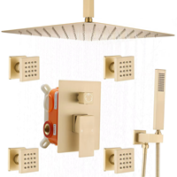 Système de douche thermostatique de luxe 12 pouces pour hôtels, en laiton non revêtu, finition or brossé, avec jets de massage à effet pluie et robinetterie