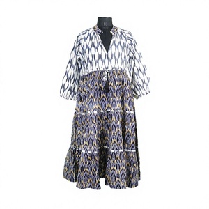 Robe midi confortable 100 % coton, élégante, à manches longues, mi-mollet, imprimé floral numérique sur le devant, coupe trapèze, pour l'été et les fêtes - Product Image 1