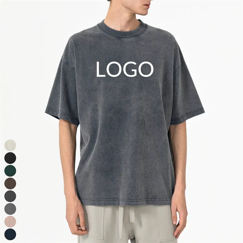 T-shirt con LOGO personalizzato Unisex in cotone di alta qualità da uomo in bianco in tinta unita in cotone Vintage con lavaggio acido T-shirt