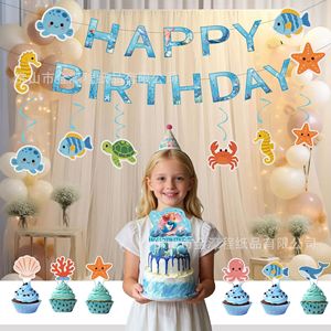 Ensemble de décoration d'anniversaire sur le thème de l'océan, décorations de gâteau en papier, cartes suspendues, accessoires de scène pour fête d'anniversaire de 2 à 4 ans - Product Image 3