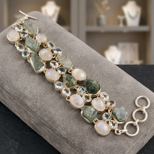 Pulsera Bohemia de Plata de Ley 925 con Piedras en Bruto y Corte Esmeralda, Engaste de Bisel, Eslabones Geométricos, Joyería para Mujer al por Mayor - Product Image 3