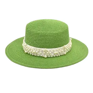 Bán buôn Lady boater Sun hat Flat Top rơm bãi biển hat vòng mùa hè mặt trời Panama Hat phụ nữ