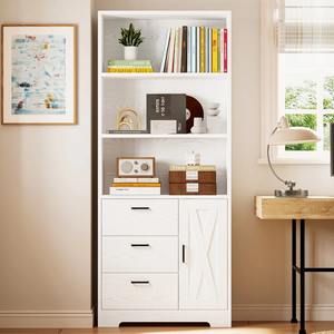 Moderno Mobile Espositore Bianco in Legno a 3 Ripiani con Anta e 3 Cassetti - Product Image 1