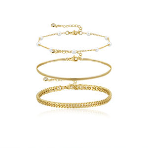 Bán buôn đồ trang sức bằng đồng thau Vòng đeo tay thiết lập ba lớp Cuba + phẳng + rắn + Ngọc Trai Chuỗi liên kết Vòng đeo tay thiết lập - Product Image 3