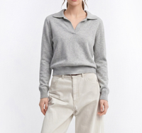 Pull en maille court pour femme, col polo, col en V, manches longues, couleur unie, élégant, décontracté, coupe ajustée, pour le quotidien et le bureau