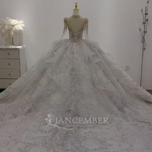 Lsjj147 Elegante Vestido de Novia Color Marfil con Mangas Transparentes, Cuerpo con Cuentas de Cristal, Apliques de Encaje y Sobrevestido, Jancember - Product Image 5