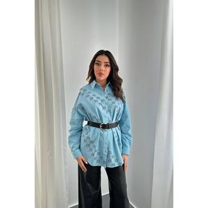 Camisa de Lino Teñida de Azul para Mujer con Pedrería, Blusas y Camisas al por Mayor - Product Image 4