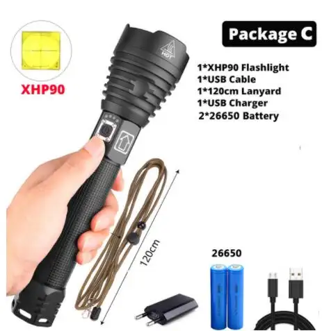 3000 루멘 xhp90 가장 강력한 XHP90 LED 손전등 줌 토치 XHP70 USB 충전식 방수 램프 18650 26650 배터리