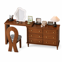 Ensemble de coiffeuse vintage français en bois massif avec miroir LED ondulé, commode à 6 tiroirs et chaise sculpturale