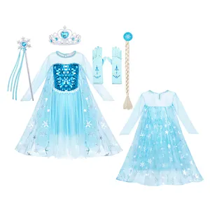 Gaun Pesta Kostum Cosplay Halloween Anak Perempuan Lengan Panjang Dress Up 2 Elsa Film Putri Baru