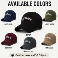 Casquette de baseball en velours côtelé brodée personnalisée Colorado, 6 panneaux, réglable, vintage, pour l'extérieur, vente en gros, OEM, faible MOQ