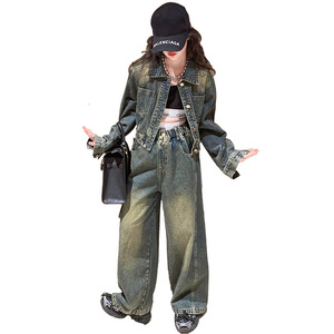 Completo Due Pezzi in Denim Casual e Carino per Ragazze, Traspirante in Poliestere/Cotone, Nuova Moda Primaverile e Autunnale per Bambini <span class=keywords><strong>Online</strong></span> - Product Image 1