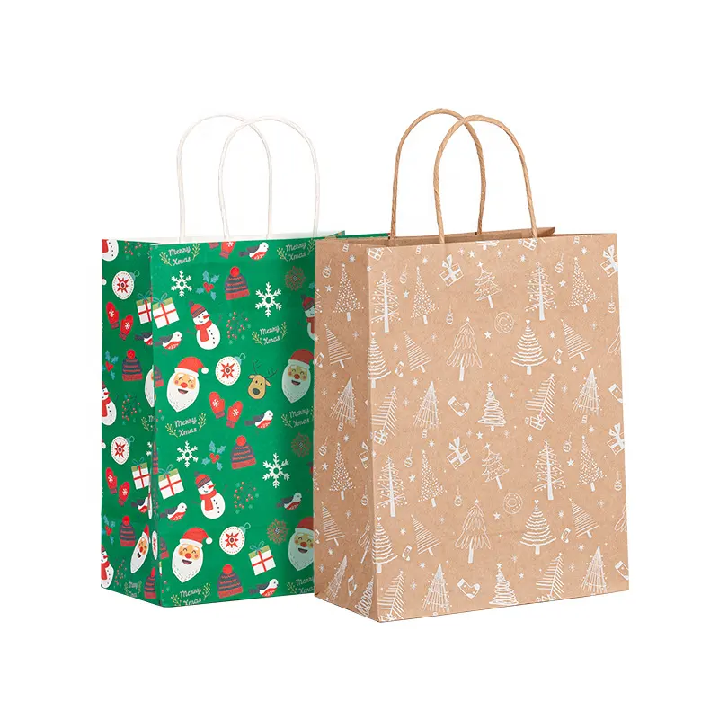 Sacs cadeaux de fête recyclables personnalisés en gros sacs en papier kraft joyeux Noël pour chaussures vêtements emballage avec votre propre logo