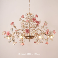 Luminaire suspendu vintage multi-tailles en céramique dorée en forme de rose pour villa, avec fleurs en céramique et cristaux