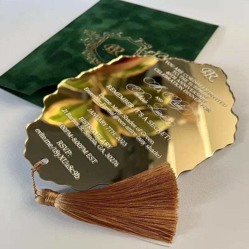 Высококачественная индивидуальная Золотая Серебряная зеркальная акриловая Свадебная пригласительная открытка с бархатным конвертом