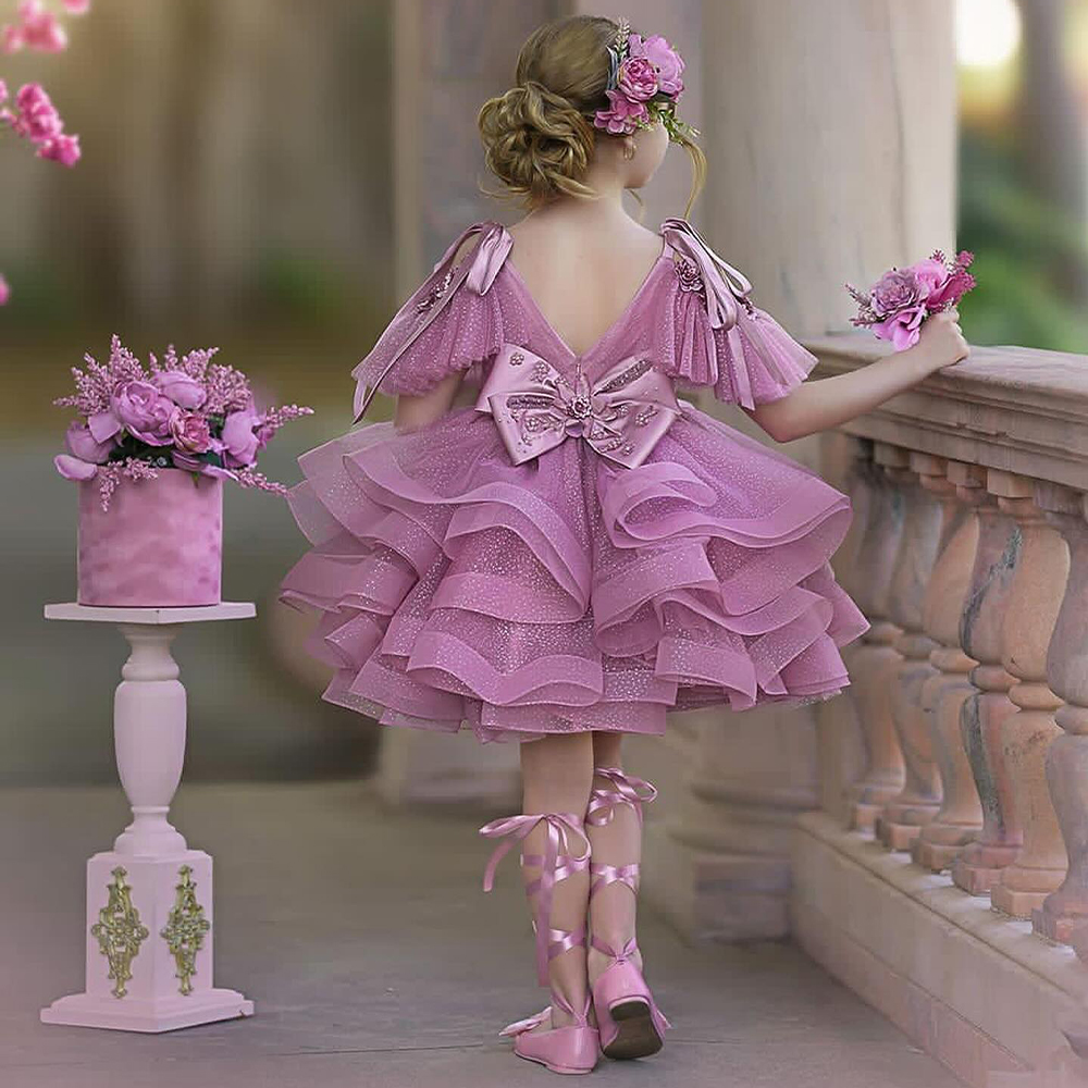 purple toddler dress for wedding Wholesale Kid Boutique Dress Purple Tulle Toddler Ball Gown Kids Princess Flower Girl Dress Elegant Wedding Dress for Girls,2 Pieces