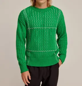 Custom High Quality Fashion Fashion Design Elements Knitted Openwork Top Whipstitch Cotton Wool Men's Green Sweater