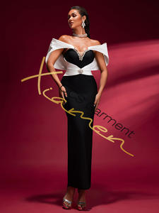 MF Boutique Robe de soirée élégante pour femme, vintage, respirante, à épaules dénudées, blanche, avec strass noirs, en laine droite imprimée naturelle - Product Image 2