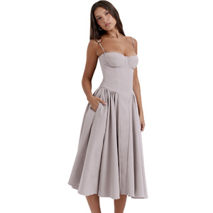 <span class=keywords><strong>Robe</strong></span> Midi Élégante <span class=keywords><strong>pour</strong></span> Femme, Bretelles Fines, Corset, Bustier à Armatures, Jupe Évasée, Poche Discrète, Idéale <span class=keywords><strong>pour</strong></span> Invitée de <span class=keywords><strong>Mariage</strong></span> ou Soirée, Vente en Gros - Product Image 1