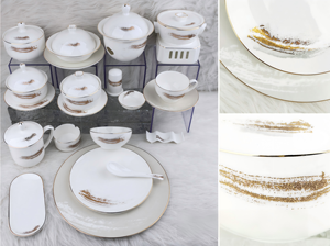 Service de vaisselle de luxe chinois, porcelaine artistique avec motifs dorés, bordure dorée à la main, pour hôtel, banquet, mariage, maison. - Product Image 2