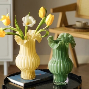 Antique <b>Glass</b> Vase Flower Arrangement Hydroponics High-end Pleated Skirt French Retro Decorations Table Soft <b>Glass</b> Vase - Product Image 1