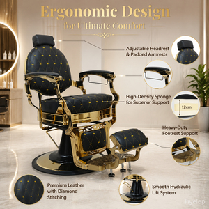 Sillón de Barbería Hidráulico de Lujo en Negro y Dorado, Reclinable, Mueble de Salón para Barbería - Product Image 1