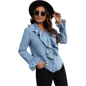 <span class=keywords><strong>Chemise</strong></span> tissée à manches longues Denim à volants avec garniture à manches volantées Denim Top <span class=keywords><strong>Jean</strong></span> Chemises pour dames Denim pour femmes - Product Image 1