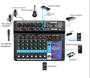 Mezclador de audio Digital profesional, mezclador de audio USB de 8 canales, consola de dientes azul, mezclador USB/interfaz digital