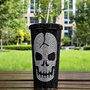 การออกแบบใหม่Bling Rhinestoneคริสตัลโครงกระดูกผีหน้าแก้วRhinestone Tumblerพร้อมฟางRhinestoneถ้วย - Product Image 1