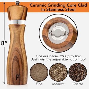 Juego de Molinillos de Sal y Pimienta Manuales de Madera de Acacia de 8 Pulgadas, Elegantes y en Oferta - Product Image 3