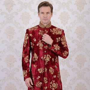 2022 hermoso vestido Sherwani bordado pesado tela de terciopelo de talla grande traje de pantalón transpirable elegante para fiestas bodas incluye - Product Image 2