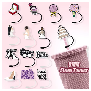 Accessoires de boisson en gros pour couples : Série Mariage – Paille en silicone de 8 mm avec breloque « I Do » pour voile de mariée - Product Image 1