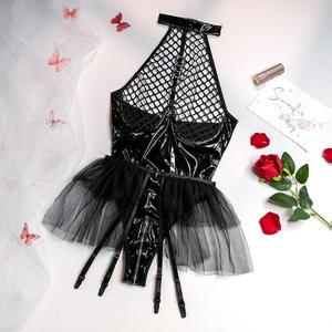 <span class=keywords><strong>Combinaison</strong></span> Sexy Style Euro-Américain en Cuir Verni PU et Résille avec Porte-Jarretelles et Maintien Ferme - Product Image 6