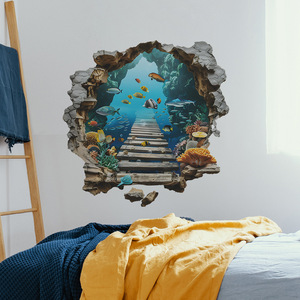 Autocollants muraux imperméables personnalisés en 3D avec un motif <span class=keywords><strong>de</strong></span> paysage sous-marin fissuré, <span class=keywords><strong>poissons</strong></span> océaniques, chambre à coucher, salon - Product Image 2