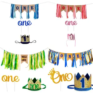 Baby 1st Birthday Boy Decorations with Crown High Chair Banner Cake Topper Party Supplies Burlap Banner Set