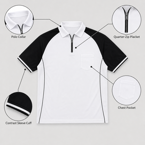 <span class=keywords><strong>Polo</strong></span> de <span class=keywords><strong>golf</strong></span> personnalisé blanc et noir à manches raglan avec fermeture éclair XS-3XL, T-shirts extensibles doux pour terrains publics, Fabricant d'uniformes OEM ODM - Product Image 4