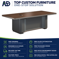 Table de réunion de bureau moderne, design carré, plateau épais, fente de gestion des câbles centrale, extrémités arrondies, placage bois