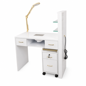 Ensemble de mobilier de salon de manucure et pédicure de luxe, blanc crème, rose blush, or, 3 fauteuils de pédicure, 3 tables de manucure, comptoir de réception - Product Image 3