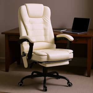 Sedia da Ufficio Ergonomica con Schienale Alto in Pelle PU Bianco Crema, Funzione Massaggio, Poltrona Direzionale per Casa e Ufficio - Product Image 2