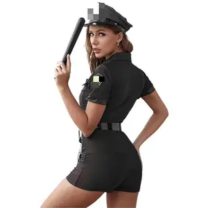 Halloween Cosplay Costume Zipper Erotic Outfit Cosplay Carnival Party Dress Sexy Woman Officer Uniform With Badge