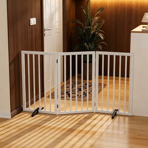 Wholesale 3 Panel Foldable Freestanding Dog <strong>Gate</strong>, 32 Inch Tall Brown <strong>Wooden</strong> Pet Fence for Indoor <strong>Stair</strong> Doorway - Product Image 2
