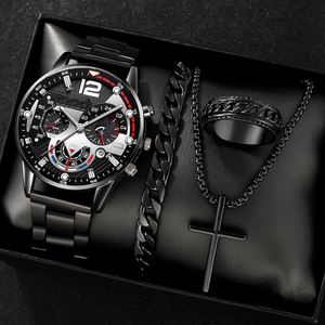 Alloy Fashion Stainless Steel Quartz Watch <b>Bracelet</b> Jewelry Set Classic Boy Gold Geneva Watches Set for Men - Product Image 4