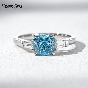 <b>Cushion</b> Cut Blue diamond 1.6ct Three-Stone <b>Ring</b> with Tapered Baguette Cut Diamonds for Women 10K white Gold <b>Ring</b> - Product Image 4